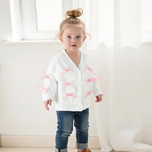 Toddler Little Girl Knitted Cardigan 3D Bow V Neck Long Sleeve Button-up Sweater Casual Winter Fall Clothes2