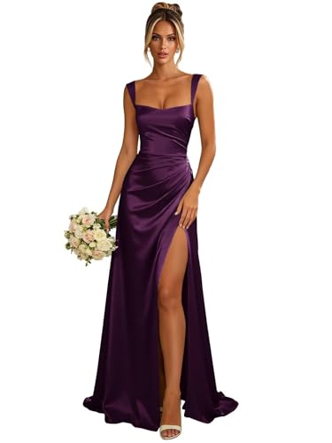 Jalunian Satin Grape Bridesmaid Dresses for Women Square Neck Wedding Guest Dress Long Elegant Sleeveless Formal Corset Cocktail Gown 12