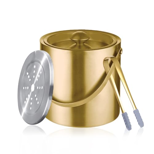 Sipoyen Gold Ice Bucket with Lid, Handle and Tong Insulated Stainless Steel Champagne Bucket 3L Wine Bucket for Party Bar Cart Accessories Large Double Wall Bucket Keep Frozen