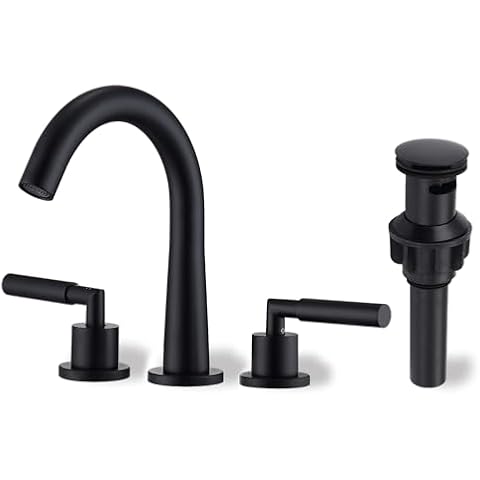 Leetcp 8 Inch Matte Black Widespread Bathroom Faucet with Pop-up Drain,Two Handle Bathroom Sink Faucet with Supply Hoses,Stainless Steel 3 Hole Bathroom Faucet,Black Basin Faucet Mixer Taps Cover