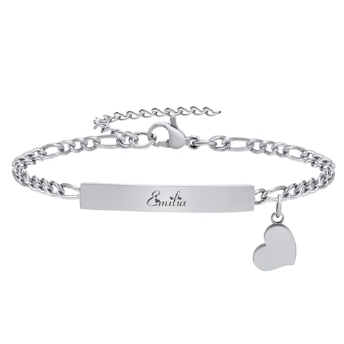 Gamtic Personalisiertes Armband Damen mit Gravur - Edelstahl Figaro Kettenarmband Herz Charm Verstellbar Armkette Valentinstag Muttertag Geburtstags Weihnachten Geschenk für Damen Mädchen (Silber)