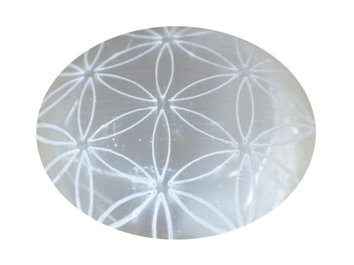 Image of Amazing Gemstone Selenite Palm Stone - Flower of Life Engraved Hot Massage Worry Stone for Natural Body Chakra Balancing, Reiki Healing and Crystal Grid