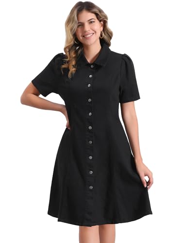 Image of Allegra K Denim Dress for Women's Puff Sleeve Button Down Collared Jean A-Line Dress