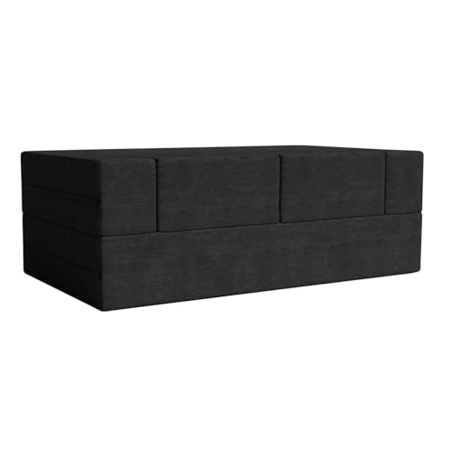 Image of Rosebell 5x6 Feet C-Type Sofa Bed | Jute Fabric with Removable Washable Cover | Foldable 2-Seater with 2 Pouffes | Ideal for Living Room & Office - Black Color