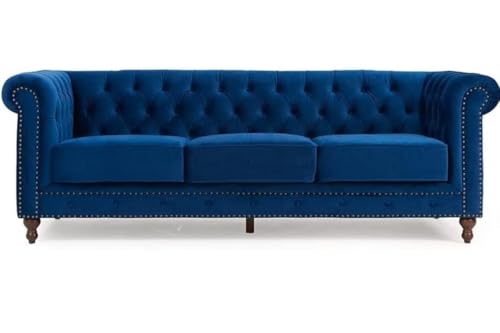 Image of Modern and Stylish 3 Seater Chesterfield Luxury Sofa with Valvet and Fabric Comfortable Sofa for Living Room, Dining Room, Hallway, and Office-(Blue).