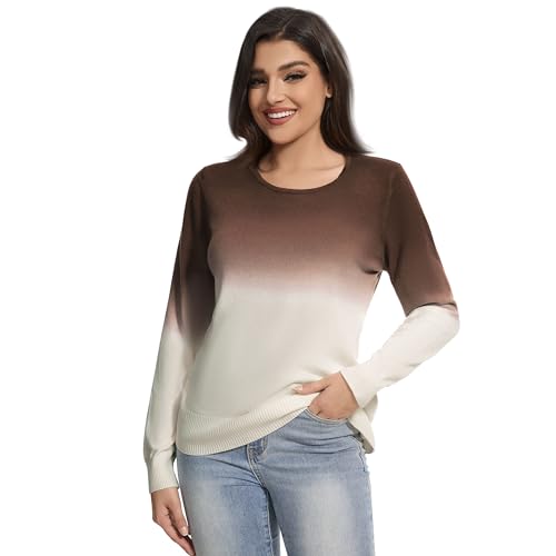 Image of Women's Gradient Color Crew Neck Knit Long Sleeve Soft Loose Casual Sweater Pullover Top Cozy Outfits
