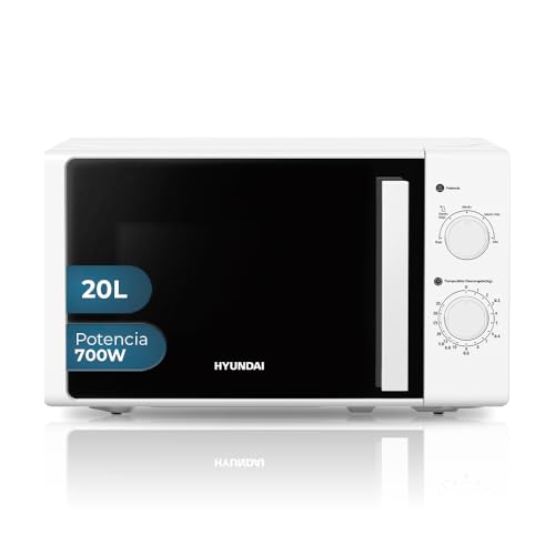 Hyundai Microondas 20 Litros Básico Blanco HMW2701. 700W, 5 Programas, Modo Descongelación, Revestimiento Interior, Fácil Limpieza, Temporizador 35min.