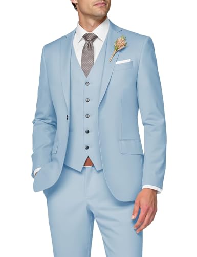 SPTALLFITJSV Mens Pale Blue Suit 3 Piece Men's Tuxedos Slim Fit Groom Suit for Wedding 2025 Elegant 3 pcs Tux Suits Single Breasted Classic Fit Men Clothes Pale Blue Dress Suits Size L Large