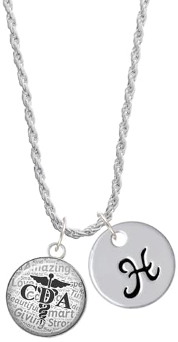 Delight Jewelry Silvertone Domed Black CDA - Silvertone Script Initial Disc - H - Charm Necklace, 20"+3"