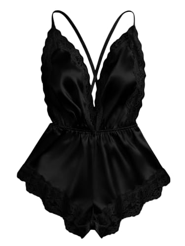 Image of SHENHE Women's Lace Trim Satin Lingerie Romper Deep V Pajama Sleepwear | Backless, Contrast Lace, Criss-Cross Straps, Home and Outdoor Wear, Casual, Sexy