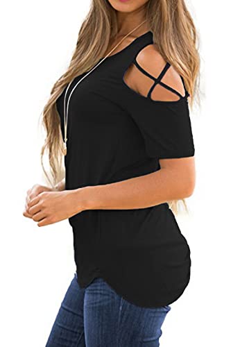 Igenjun Summer Tops Womens Tops Short Sleeve Strappy Cold Shoulder Summer Shirts For Women Blouses For Women,M,Black #TOP1