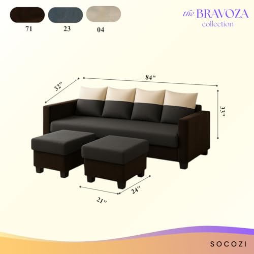 Image of SOCOZI Konva 6 Seater L Shape Sofa Set with 2 Movable Ottomans | Flexible Layout | Soft Velvet Suede Fabric | Modern Design | Plush Comfort Cushions for Living Room (Cream-Dark Grey-Brown)