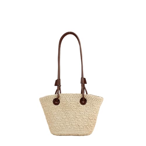 Image of Small Straw Basket Handbag for Women PU Leather handle Handmade Woven Summer Beach Shoulder Bag