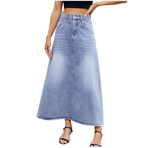Women's Vintage Denim Maxi Skirt Casual High Waist A-Line Frayed Hem Trendy Fashion Long Jean Skirt with Pockets