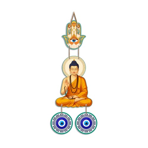 Image of Artvibes Buddha Blessing Wall Hanging with Hamsa Hand & Evil Eye Accents | Decorative Spiritual Hanging for Home Protection | Wooden Decor for Entrance | Positive Energy Wall Art (WH 85102N)