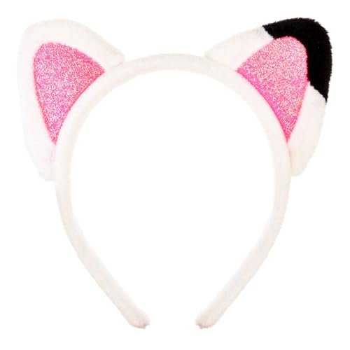 DDazzling Girls Cat Ears Headband with Pink Glitter White Soft Stretchy Fabric Theme Party Cartoon Costume Accessories Ages 3+ (White Pink Black)