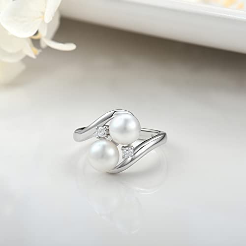 Jo Wisdom Pearl Ring,925 Sterling Silver Cubic Zirconia Women's Rings With Two Pearls 7Mm White Freshwater Cultured Pearl Ring Size 5 #TOP3