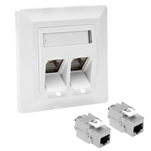 Tnsland 1 X Toma De Red Cat 7 Empotrada De 2 Puertos 2 X Módulo De Toma Keystone Rj45 Cat 7, Toma Ethernet, Conector Rj45, 10 Gbit S, Blanco