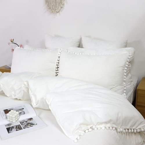 Boho Full Size 3Pcs Duvet Cover Set Lightweight Aesthetic for Girls Teen Farmhouse Bohemian 100% Washed Cotton Bedding Collection White Pom pom Bedding Set