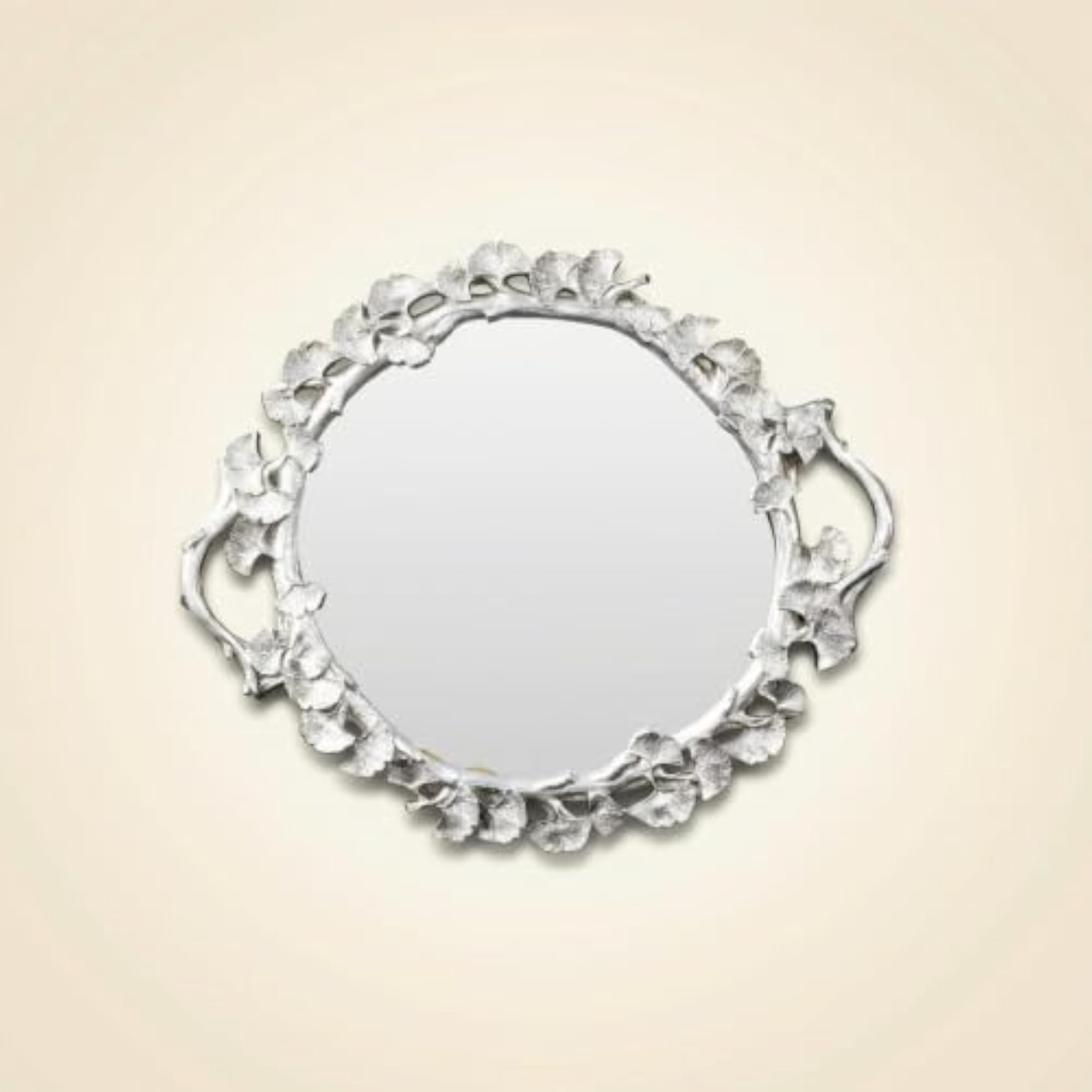 Antique-Style Ginkgo Leaf Tray, Silver Tray with Mirrored Glass Base