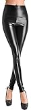 krautwear Leder Look Stretch Leggings Legging mit Hohem Bund, L (EU 40/42), Schwarz-glanz