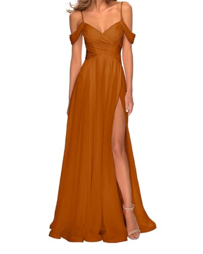 SAYNO Abiti da damigella d'onore in chiffon con spalle scoperte per matrimonio con tasche scollo a V lungo abito da ballo formale abito da sera, Arancione bruciato, 42