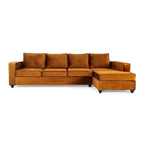 Image of Wakefit L Shape Sofa Set for Living Room | 3 Year Warranty - 3 Seater + Chaise (Velvet Fabric, Amber), Brown