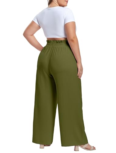 Image of OLRIK Women's Plus Size Pants Adjustable High Waisted Wide Leg Palazzo Pants Casual Trousers with Pockets Spring Clothes
