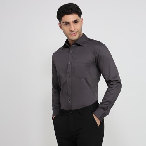 Image of Raymond Men Slim Fit Solid Pattern Pure Cotton Semi Cutaway Collar Full Sleeve Formal Shirt