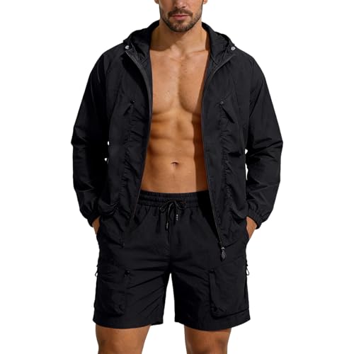 Men 2 Piece Sun Protection Outfits Full Zip UPF 50+ Hooded Shirts Drawstring Shorts Sets Lightweight Outdoor Sets Black