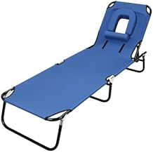 Folding Beach Lounge Chair Camping Cot, Portable Folding Sun Tanning Lay Flat Chair with Adjustable Recline & Removable Pillow, Poolside Sunbathing Lounger Chair for Sunbathing, Beach, Patio