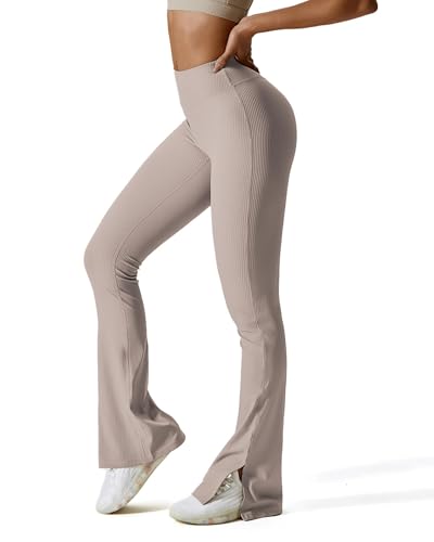 Challengym Womens Ribbed Flared Leggings Slit Hem High Waist Bootcut