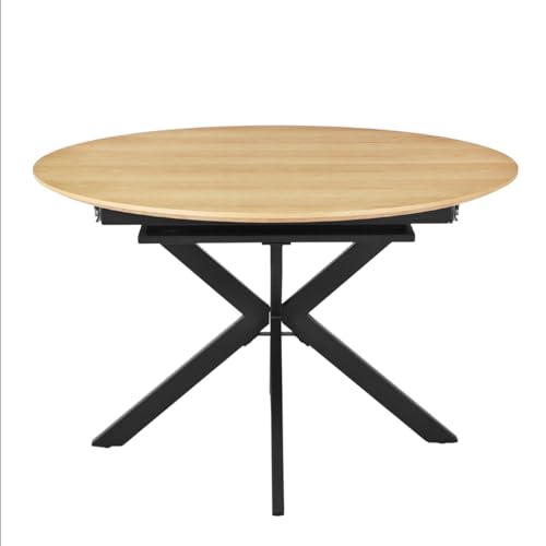 Meubletmoi Mesa de comedor redonda extensible 120/160 cm Bandeja decoración madera de roble natural con base cruzada de metal negro – Industrial moderna y cálida – Loretta
