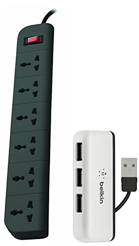 Image of Belkin Essential Series 6-Socket Surge Protector Universal Socket with 6.5ft Heavy Duty Cable (Grey) & 4-Port USB to USB 2.0 Ultra-Mini Hub Adapter for MacBook, Laptop and Desktop (White)