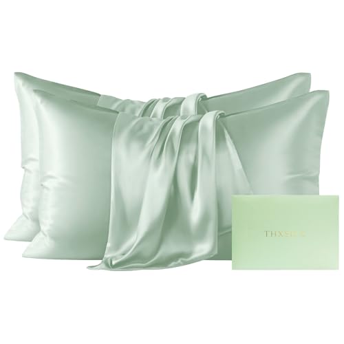 Image of THXSILK Mulberry Silk Pillowcase Standard Size, Set of 2 Pillowcases, Pillow Cover with Hidden Zipper, Soft Smooth Cooling Pillowcases for Hair and Skin, Gift for Women Men, Mint Green