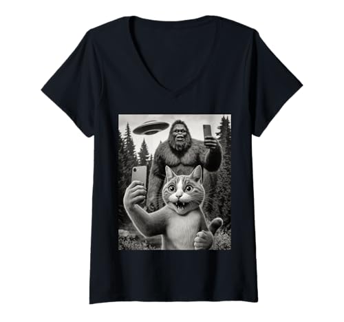Mujer Gato y Bigfoot Selfie Alien UFO Platillo Volador Divertido Encuentro Camiseta Cuello V