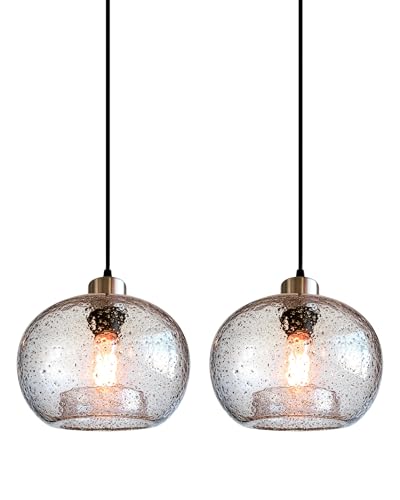 Image of CASAMOTION Hand Blown Clear Glass Pendant Lights with Black Marble, Modern Rustic Kitchen Island Ceiling Hanging Light Fixtures for Dining Room Table Bedroom, Oval Globe 8.7 Inch Diameter, 2 Pack