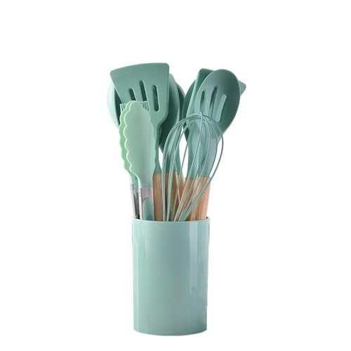 Lamantt木製ハンドル付きシリコンキッチン用品セット14点、シリコンキッチン用品スパチュラ、ノンスティックキッチンツール、木製ハンドル付きシリコンキッチン用品、調理に使用できます。 (緑)