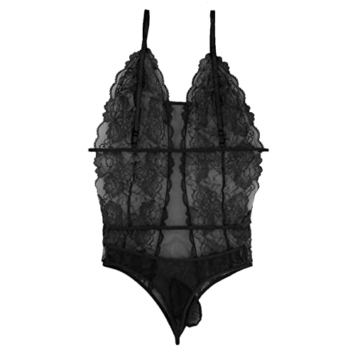 iiniim Men's One-Piece Sheer Floral Lace Bodysuit Sissy Pouch Thong Leotard Crossdress Lingerie Nightwear3