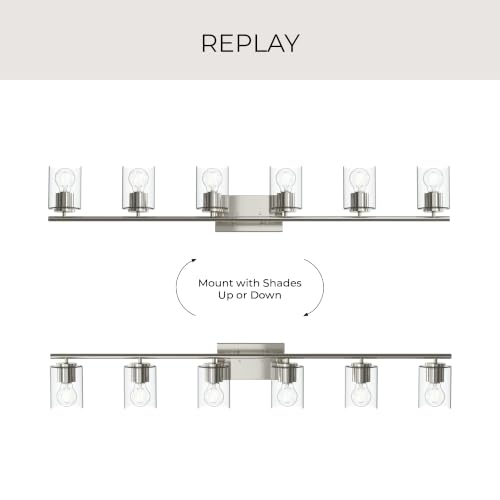 Image of Progress Lighting Replay 48 Inch 6-Light Vanity Light, Transitional, Polished Nickel with Clear Glass Shades, (7.875 inch H x 48 inch W x 6 inch D), P300585-104
