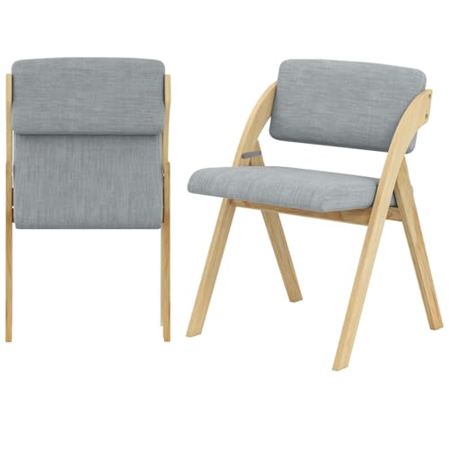 TANGZON Folding Chairs Set of 2, Foldable Dinning Chairs with Solid Wood Legs, Fabric Padded Seat & Backrest, Easy Storage Event Hall Guest Seats for Home Office Dining Living Room (Grey + Natural)