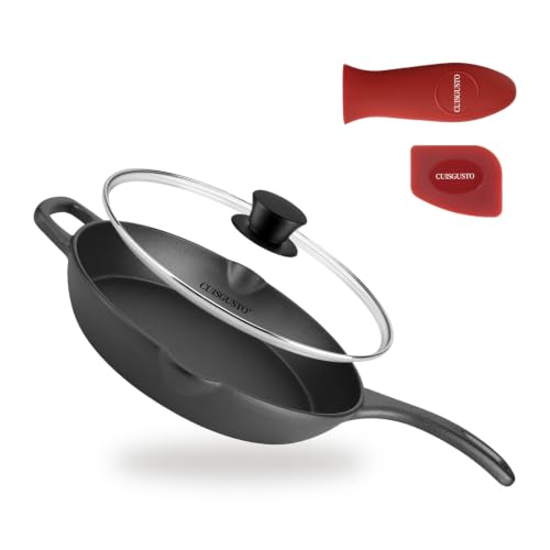 CUISGUSTO 12-Inch Cast Iron Skillet with Glass Lid