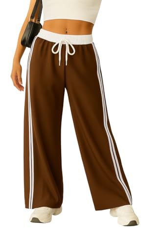 Image of SAKHWALA Women Track Pant | Women's Wide Leg Track Pants High Waist Drawstring Sweatpants with Side Stripes, Casual Loose Fit Lounge Joggers, White