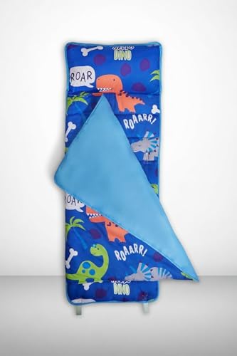 Image of EVERYDAY KIDS Nap Mat with Removable Pillow - Roarin' Dinos - Carry Handle with Straps Closure, Rollup Design, Soft Microfiber for Preschool, Daycare, Travel Sleeping Bag - Ages 3-6 Years