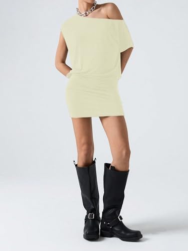 Image of SOLY HUX Women's Off The Shoulder Mini Dress Going Out Asymmetrical Neck Short Sleeve Casual Bodycon T Shirt Dresses