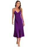 Litherday Silk Slip Dress Silky Nightgown for Women Satin Nighties Sleep Dress Spaghetti Strap Nightdress Chemise Soft V Neck Nightwear Dark Purple-long