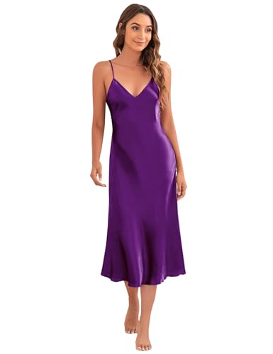 Image of Litherday Silk Nightgown for Women Long Satin Slip Dress Nightdress Silky Chemise Nightie Soft V Neck Nightwear