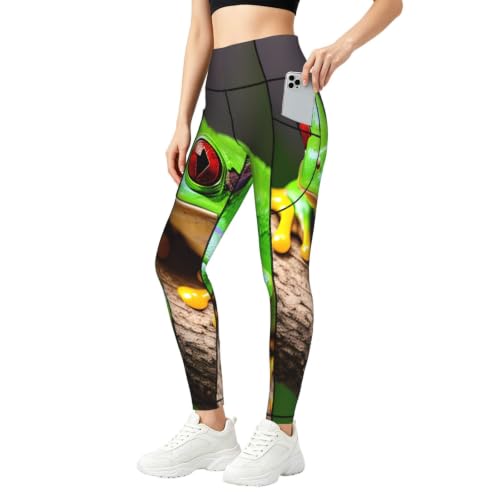 Pantalones de yoga opacos con bolsillos laterales tejido elástico estampado ranas