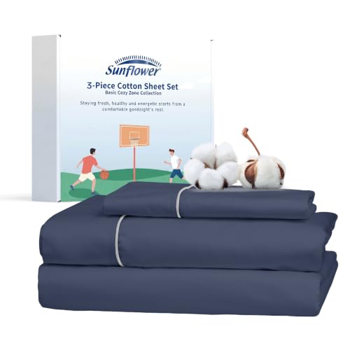 sunflower Twin Sheet Set Deep Pocket, 100% Cotton Sateen, Blue Indigo