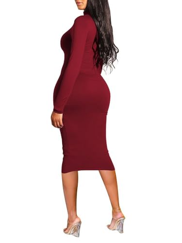 Pink Queen Winter Dresses for Women Turtleneck Longsleeve Knee Length Bodycon Midi Sexy Holiday Dress S Dark Red - Thumbnail 5